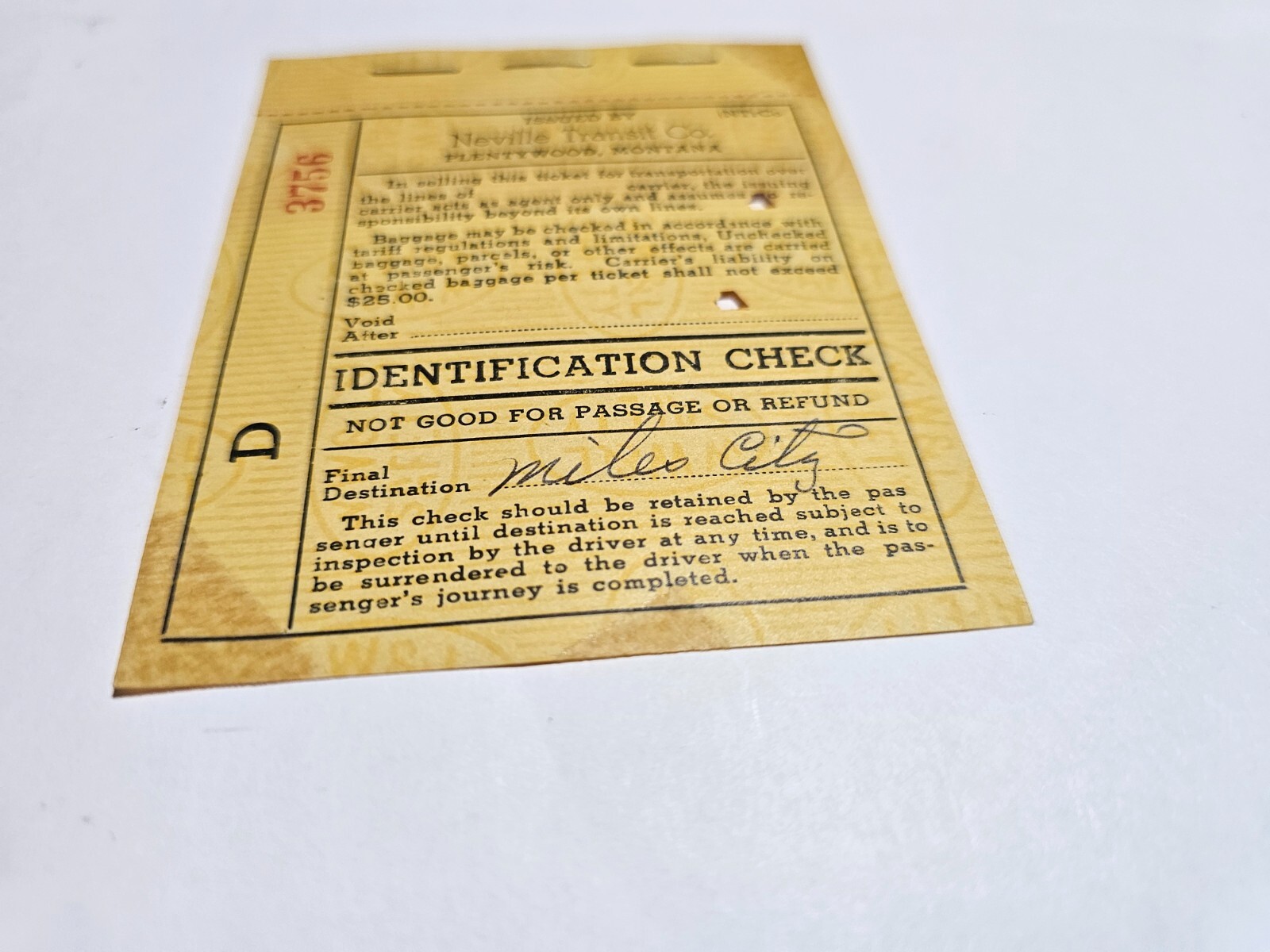 1950s PLENTYWOOD MONTANA BUS TICKET TO MILES CITY NEVILLE TRANSIT CO. FARE MT