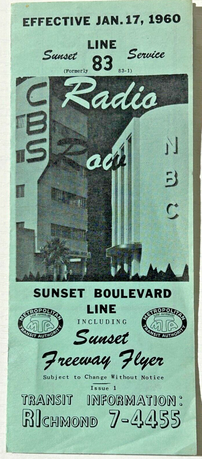 Rare 1960 CBS NBC Radio Row Sunset Boulevard Hollywood MTA Transit Bus Schedule