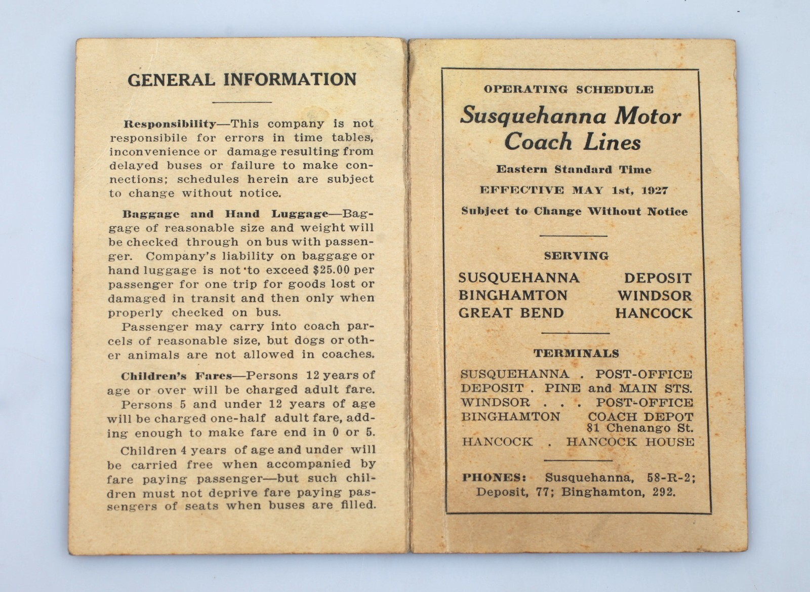 Vintage 1927 Susquehanna Motor Coach Bus Lines Timetable Binghamton PA NY