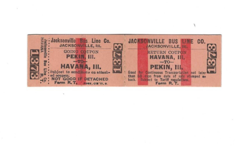 Old Untorn Ticket Jacksonville Bus Line Co Illinois Havana To Pekin Round Trip
