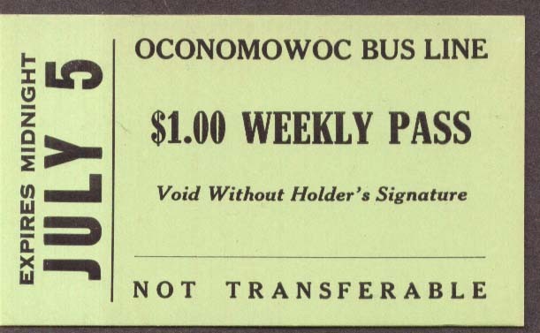 Oconomowoc Bus Line $1.00 Weekly Pass 1947
