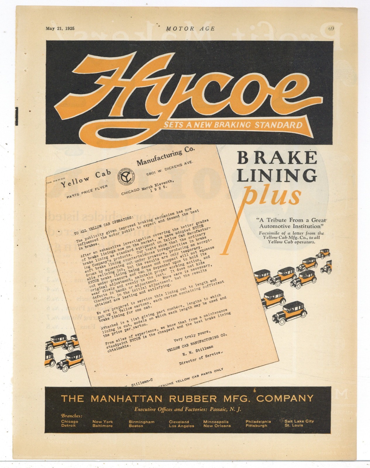1925 Manhattan Rubber Mfg. Co. Ad: HYCOE Brake Lining, Yellow Cab Letterhead