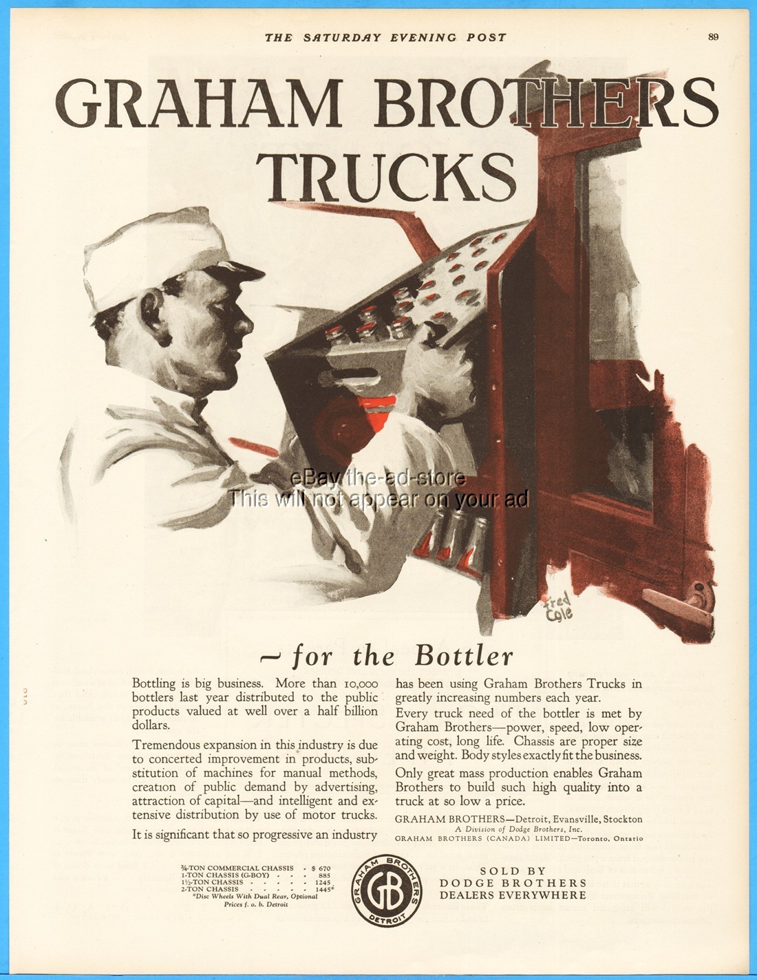1927 Graham Brothers Delivery Truck Ad Detroit MI Dodge Bottler Fred Cole Art