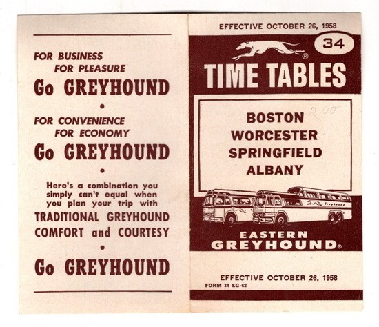 Greyhound Bus Time Tables, Boston to Albany, October 26, 1958