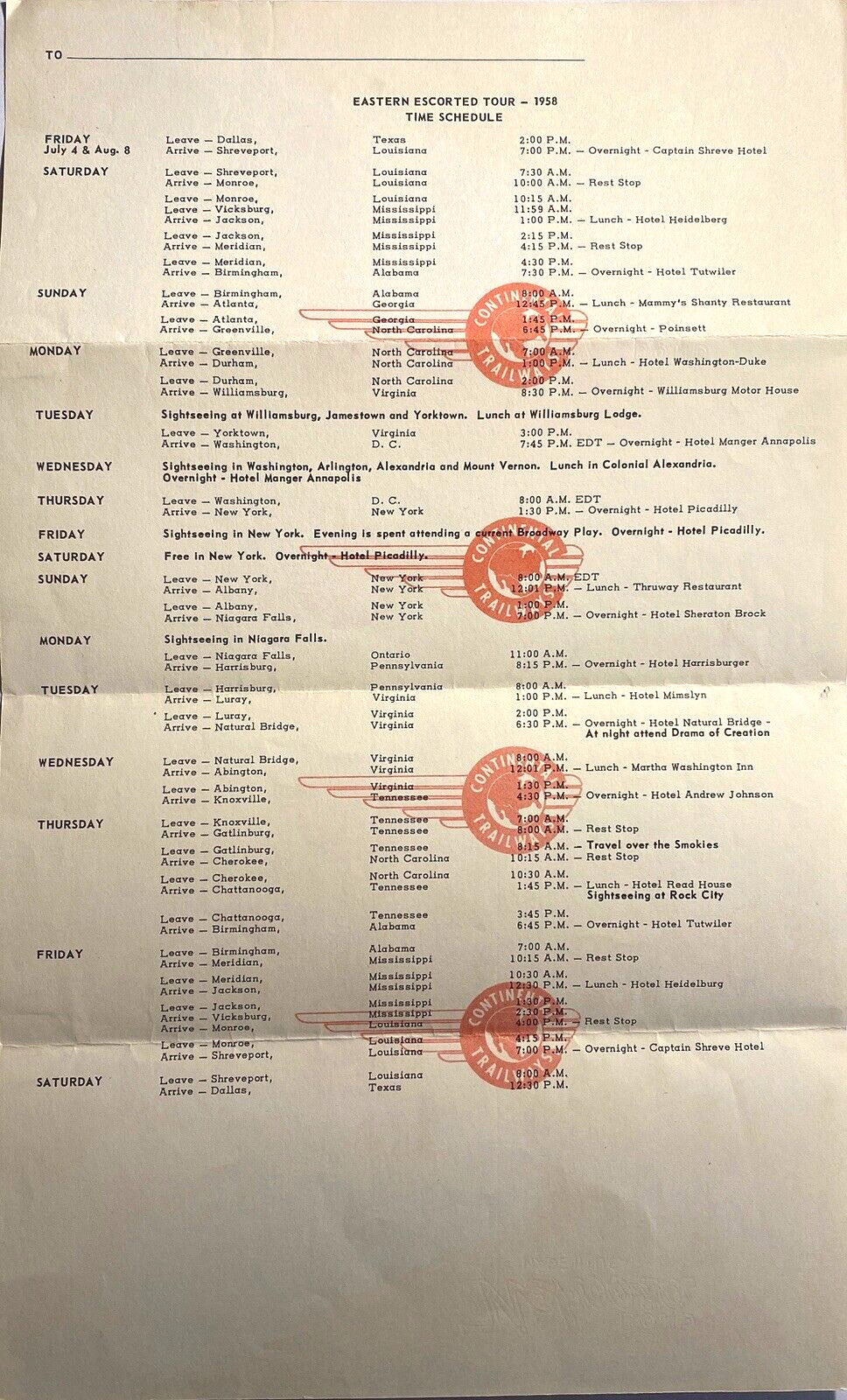 Vintage 1958 Continental Trailways Eastern Escorted Tour Itinerary Schedule 50s