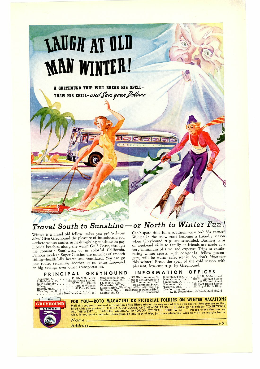 1940s Greyhound Bus Lines Magazine Print Ad Woman Skiing