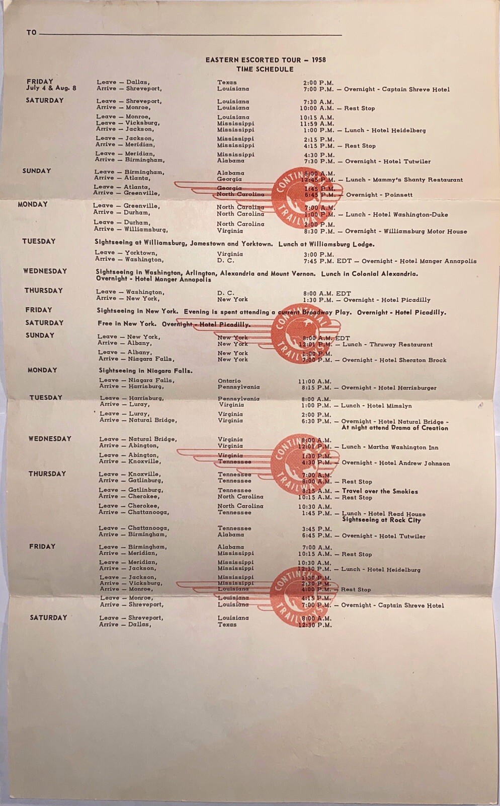 Vintage 1958 Continental Trailways Eastern Escorted Tour Itinerary Schedule 50s