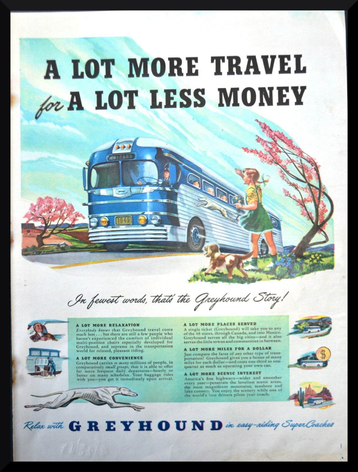 Lot of 6 1948 1949 Greyhound Bus Vintage Print Ads ORIGINALS