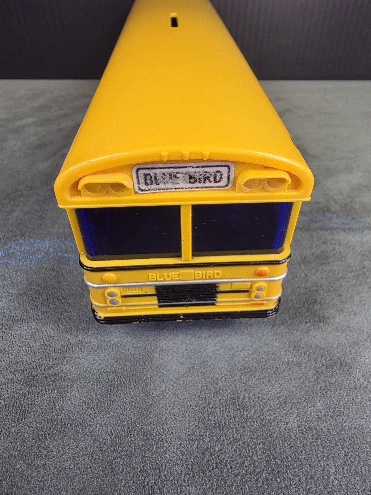 Vtg Yellow Blue Bird School Bus Jimson No. 330 Coin Bank Plastic 10” w/ Plug A-1