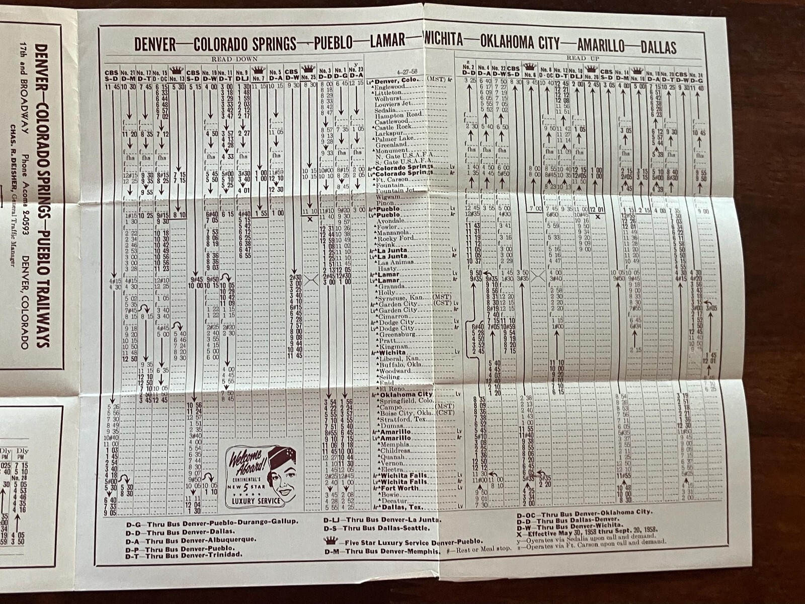 1958 Continental Trailways Bus Schedule Pueblo Colorado Springs Denver Transport