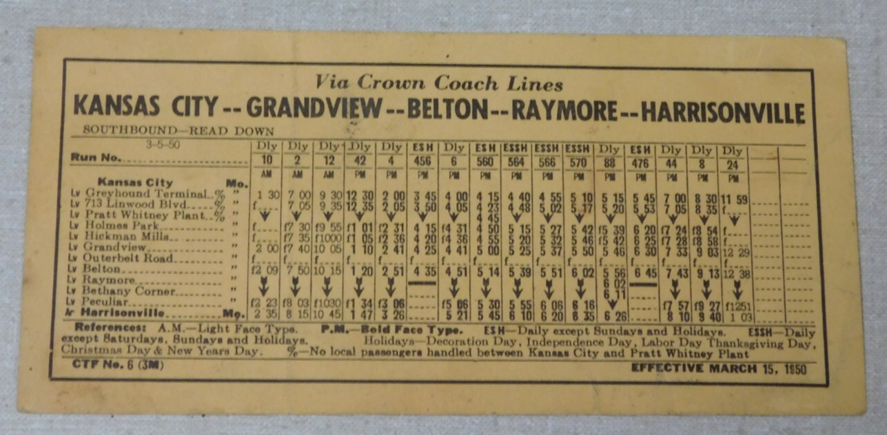 1950 Crown Coach bus passenger timetable Kansas City Belton Raymore Grandview