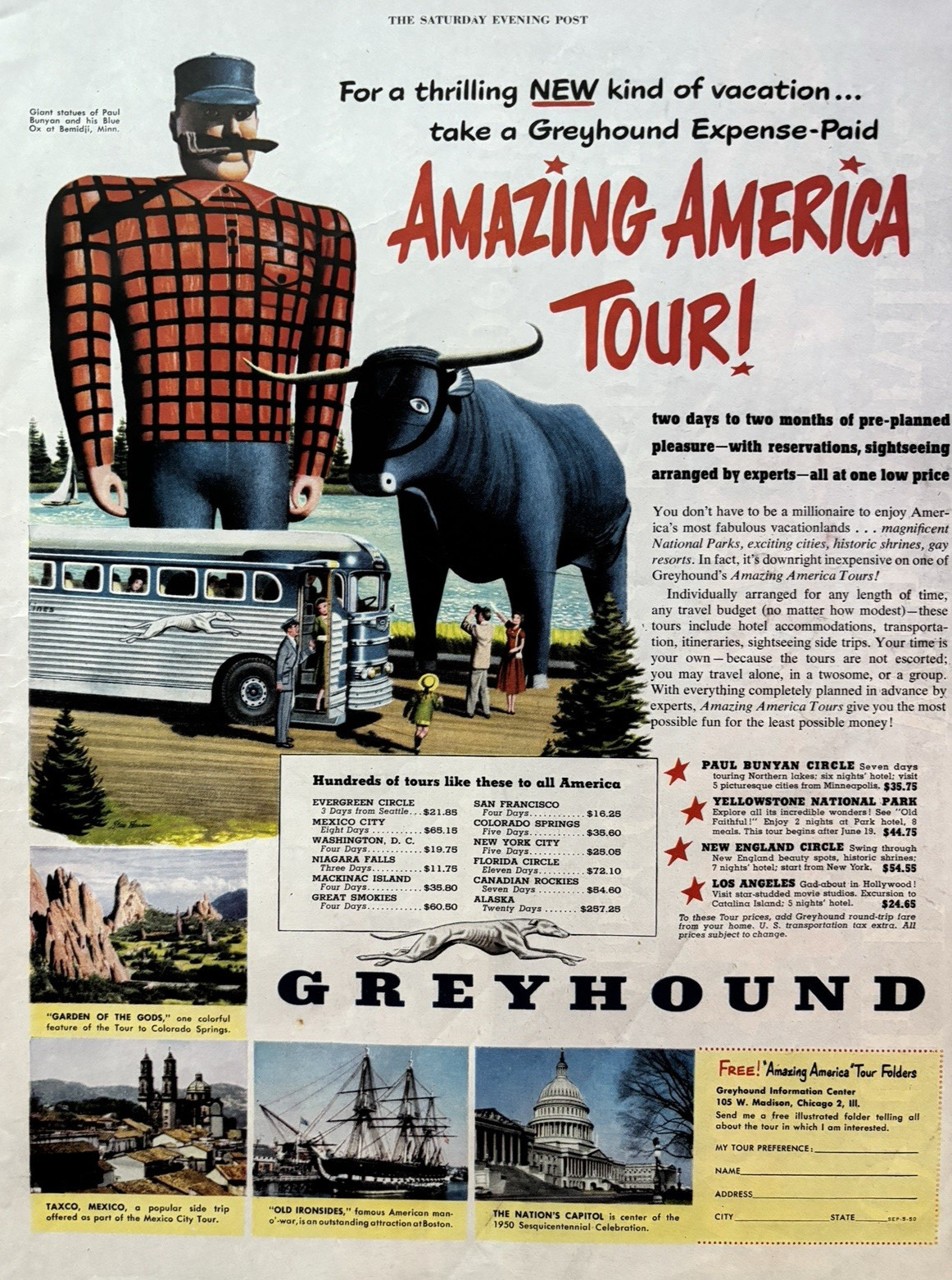 1950s Greyhound Bus Amazing American Tour Paul Bunyon Blue Ox Vintage Print Ad