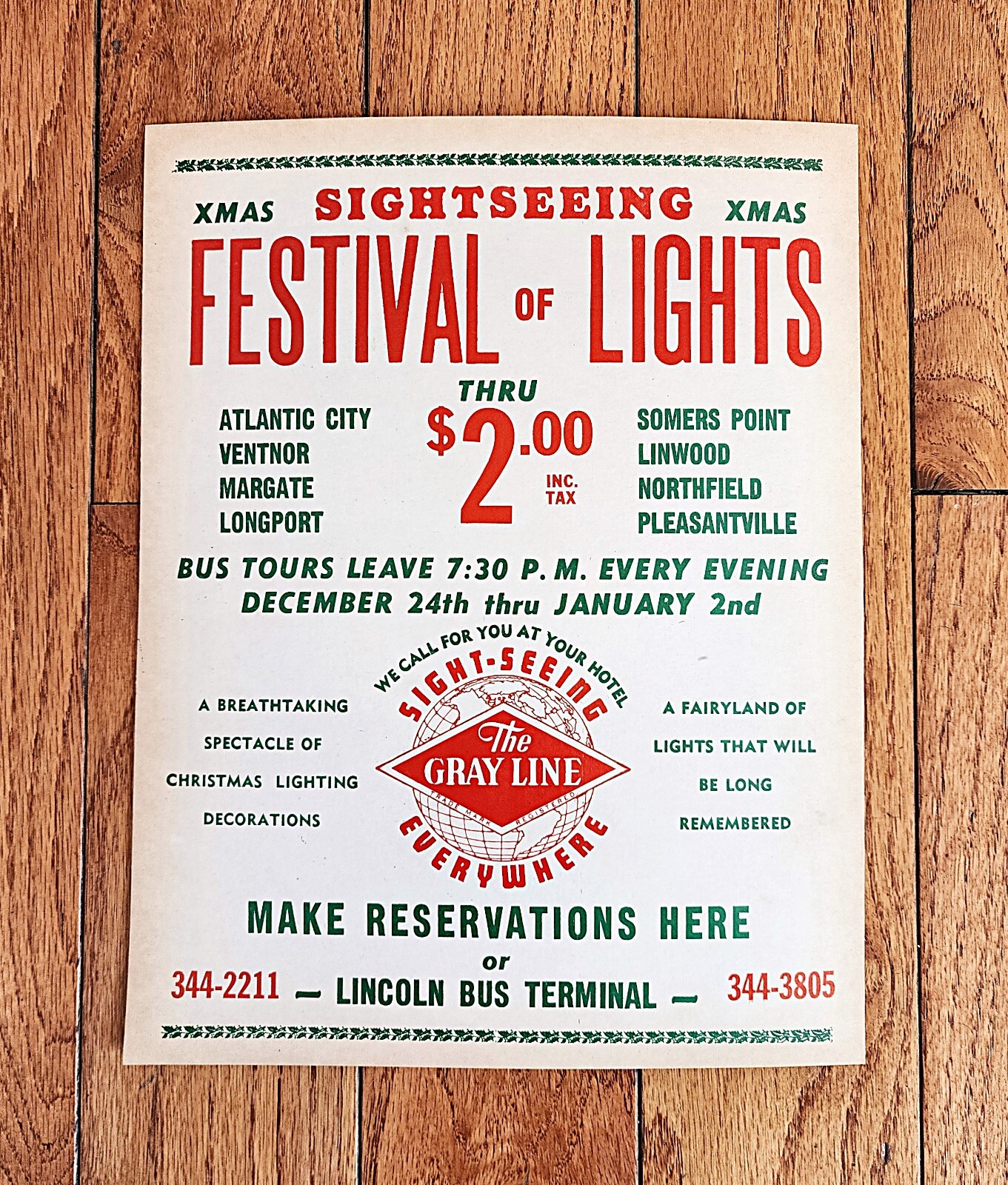 THE GRAY LINE LINCOLN BUS TERMINAL NOTICE SIGN XMAS FESTIVAL ATLANTIC CITY NJ
