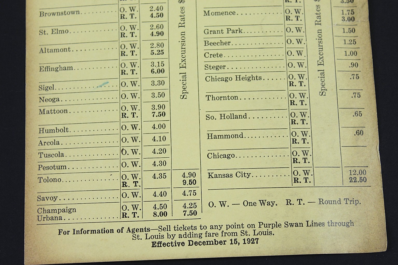 Greyhound Lines Purple Swan Division Passenger Rates St. Louis-Chicago 1927