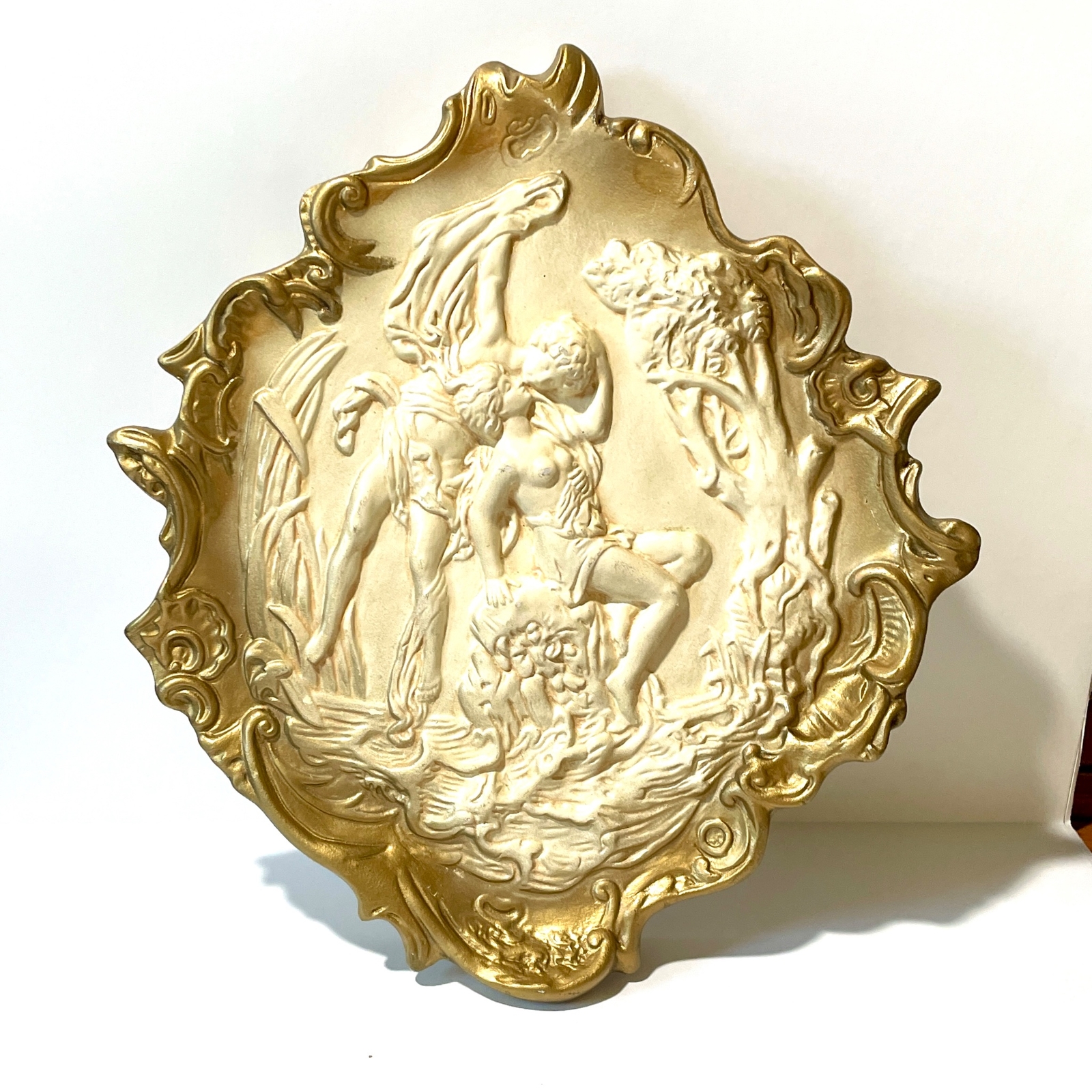 10″ Bas Relief Gold Edged Plaster Cast Angel Kissing Earth Woman Neo Classical