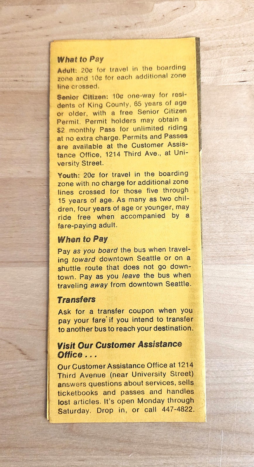 1975 METRO TRANSIT BUS TIME TABLE ROUTE 29 CALIFORNIA – HANFORD SEATTLE WA