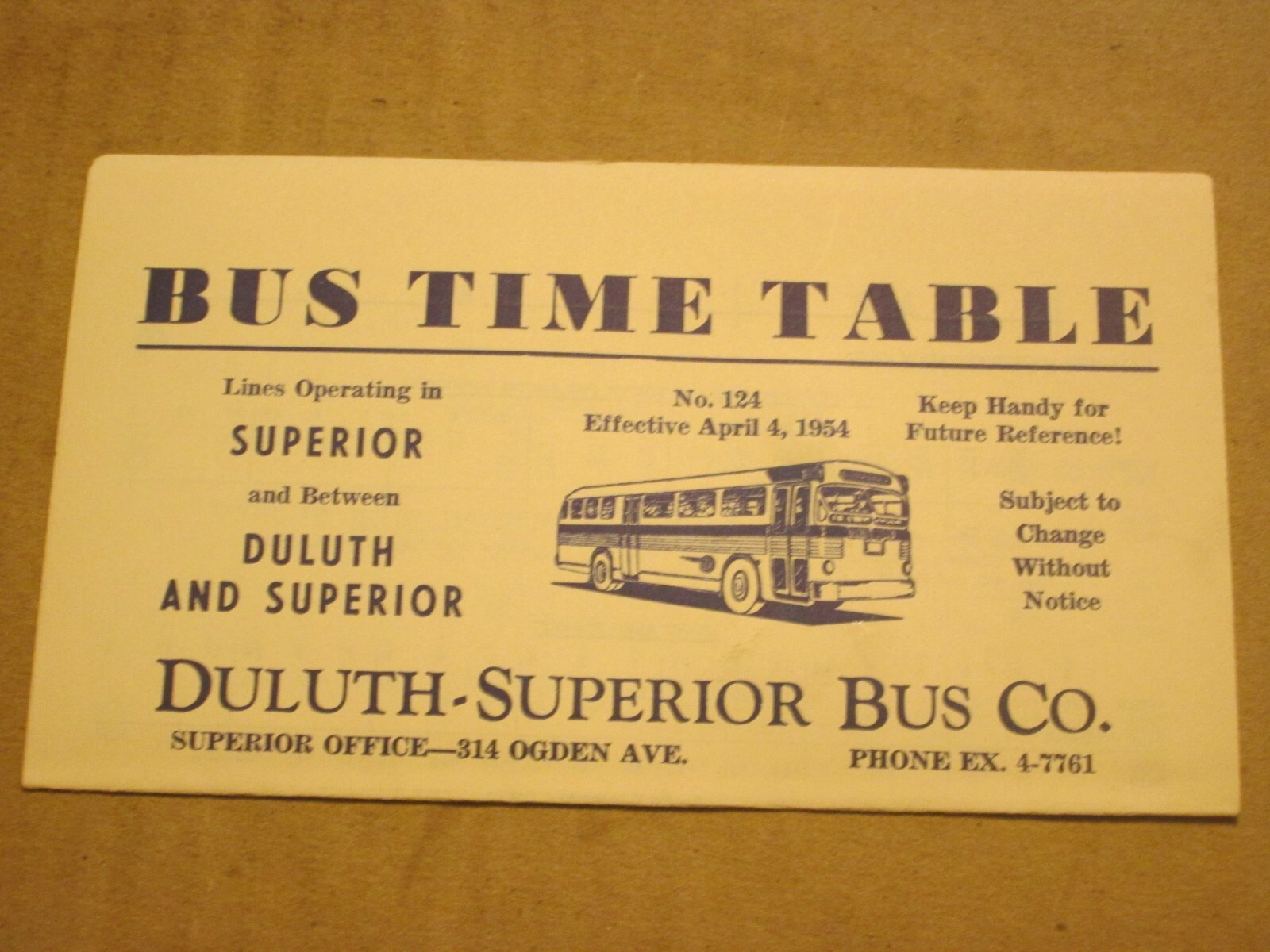Duluth-Superior Transit Bus Time Table April 1954