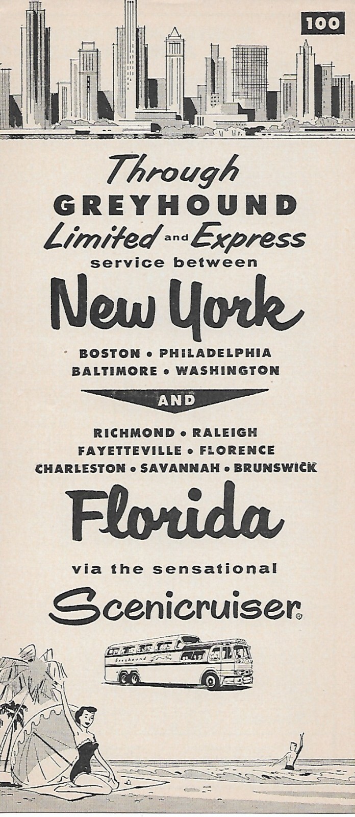 Bus Timetable – Greyhound – 100 – Through Service NY Florida Scenicruiser – 1957