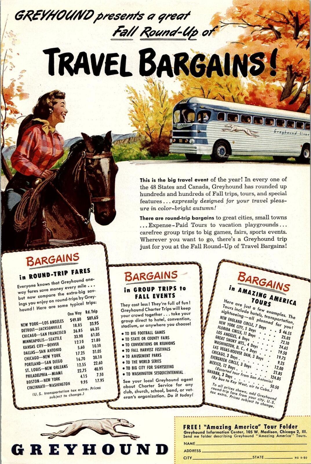 1940s GREYHOUND BUS LINES FALL ROUND-UP OF TRAVEL BARGAINS! MAGAZINE AD 27-20