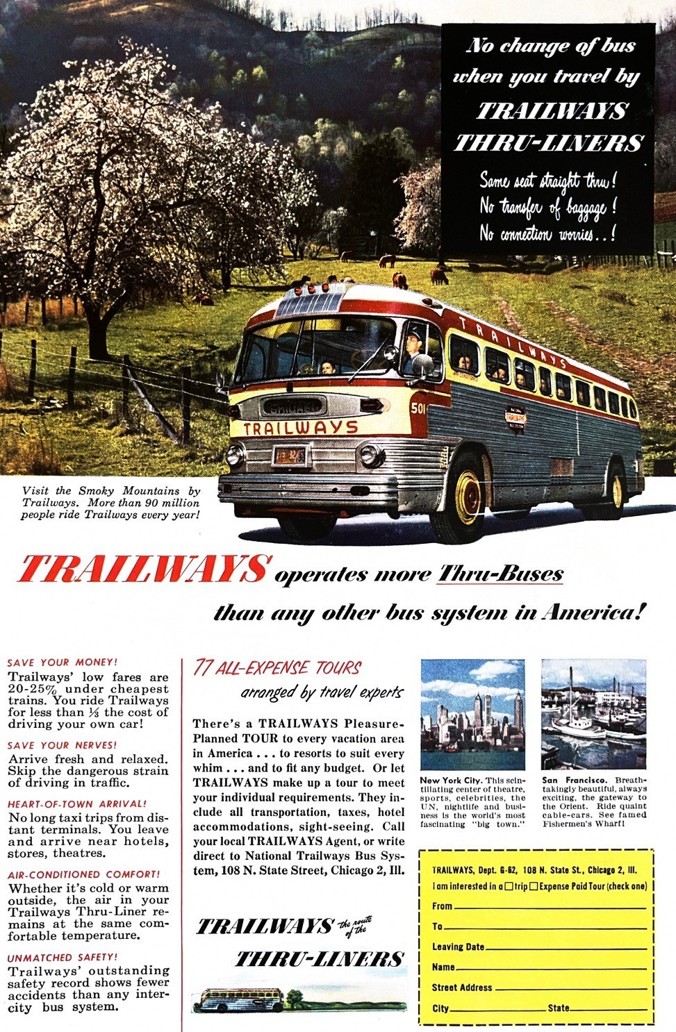 1952 TRAILWAYS BUS Genuine Vintage Print Ad Americana Transportation Travel
