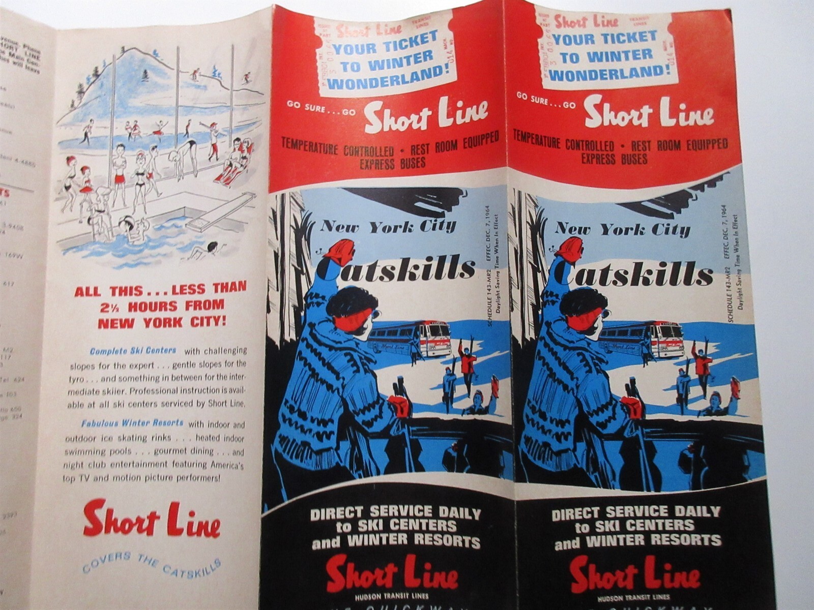 1964 Short Line Bus Lin Brochure Timetable New York City Catskill Hudson Transit