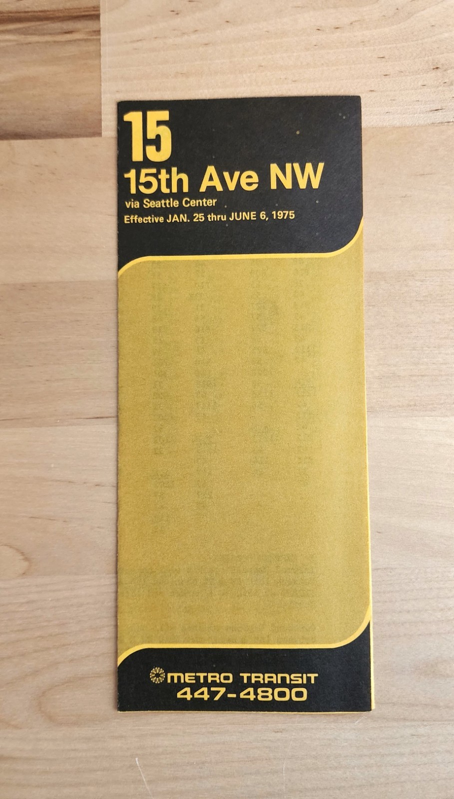 1975 METRO TRANSIT BUS TIME TABLE ROUTE 15 15th AVE NW SEATTLE WA