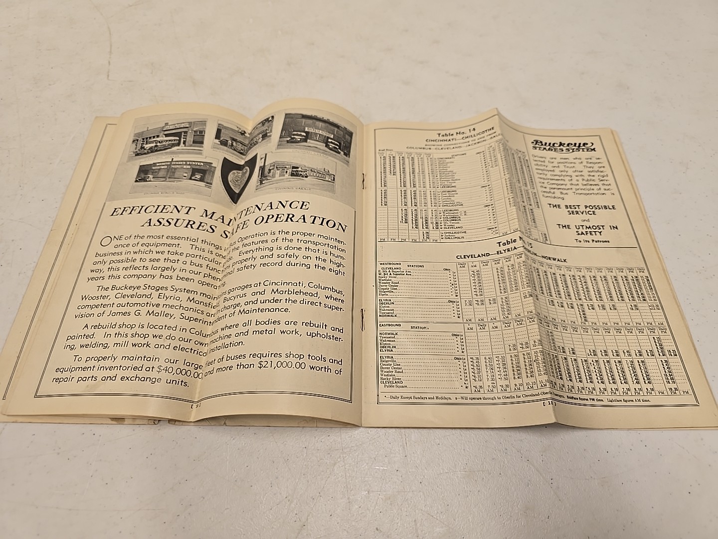 Vintage 1935 Buckeye Stage System Motor Coach Bus Time Table W/ Route Map