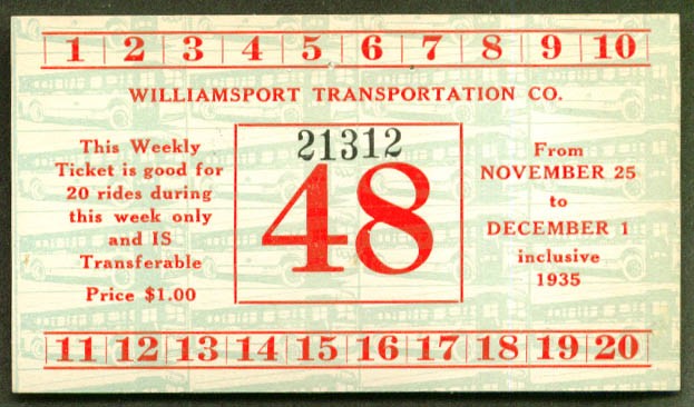 Williamsport Transportation Weekly Bus Pass 1935 PA