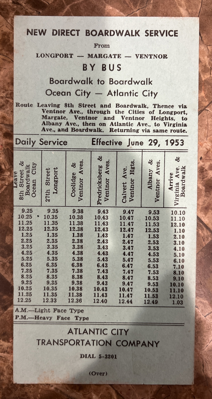 June 29, 1953 Atlantic City Transportation Company Boardwalk Bus Schedule