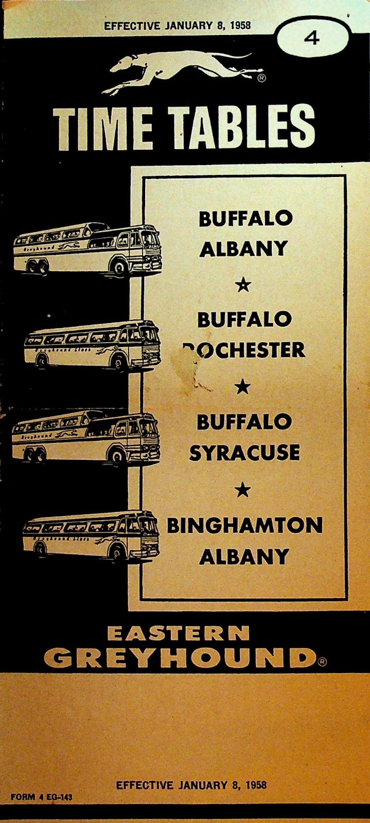 Eastern Greyhound Timetable January 8 1958 Buffalo Rochester Syracuse Albany NY