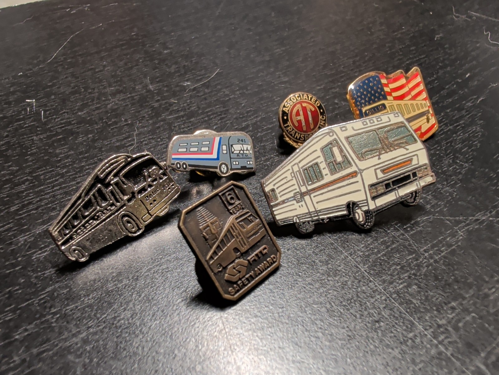 Lot of 6 Bus Theme Vintage Lapel Hat Pins Gold Silver Tone Enamel