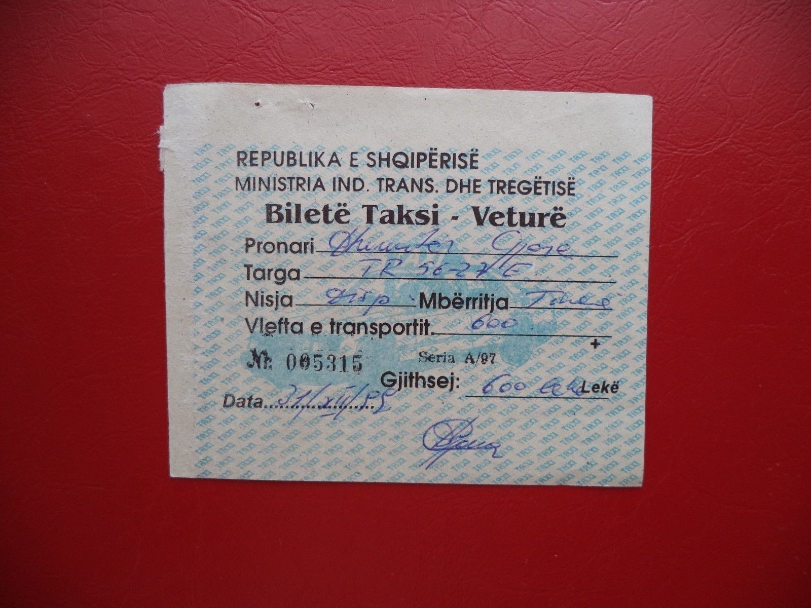 Vintage Taxi Ticket from Albania.