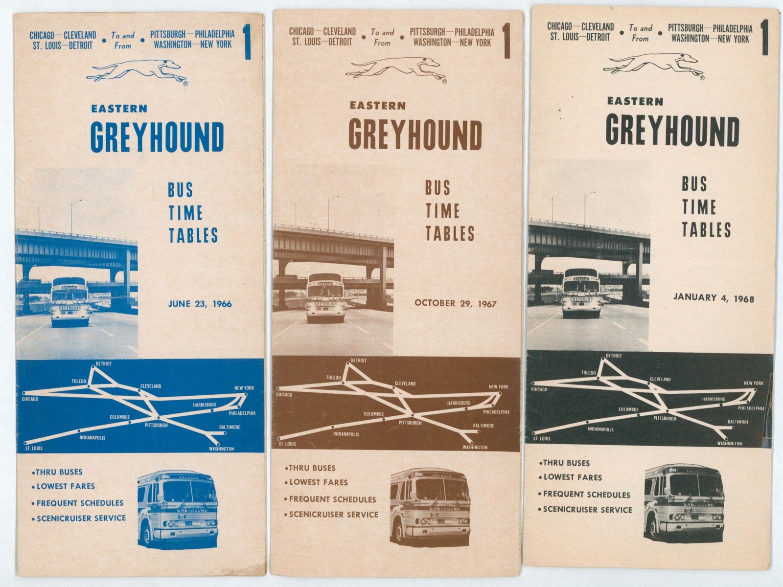 1960’s Lot 3 Greyhound Bus Public Time Table Schedule Brochure Route #1 Chicago
