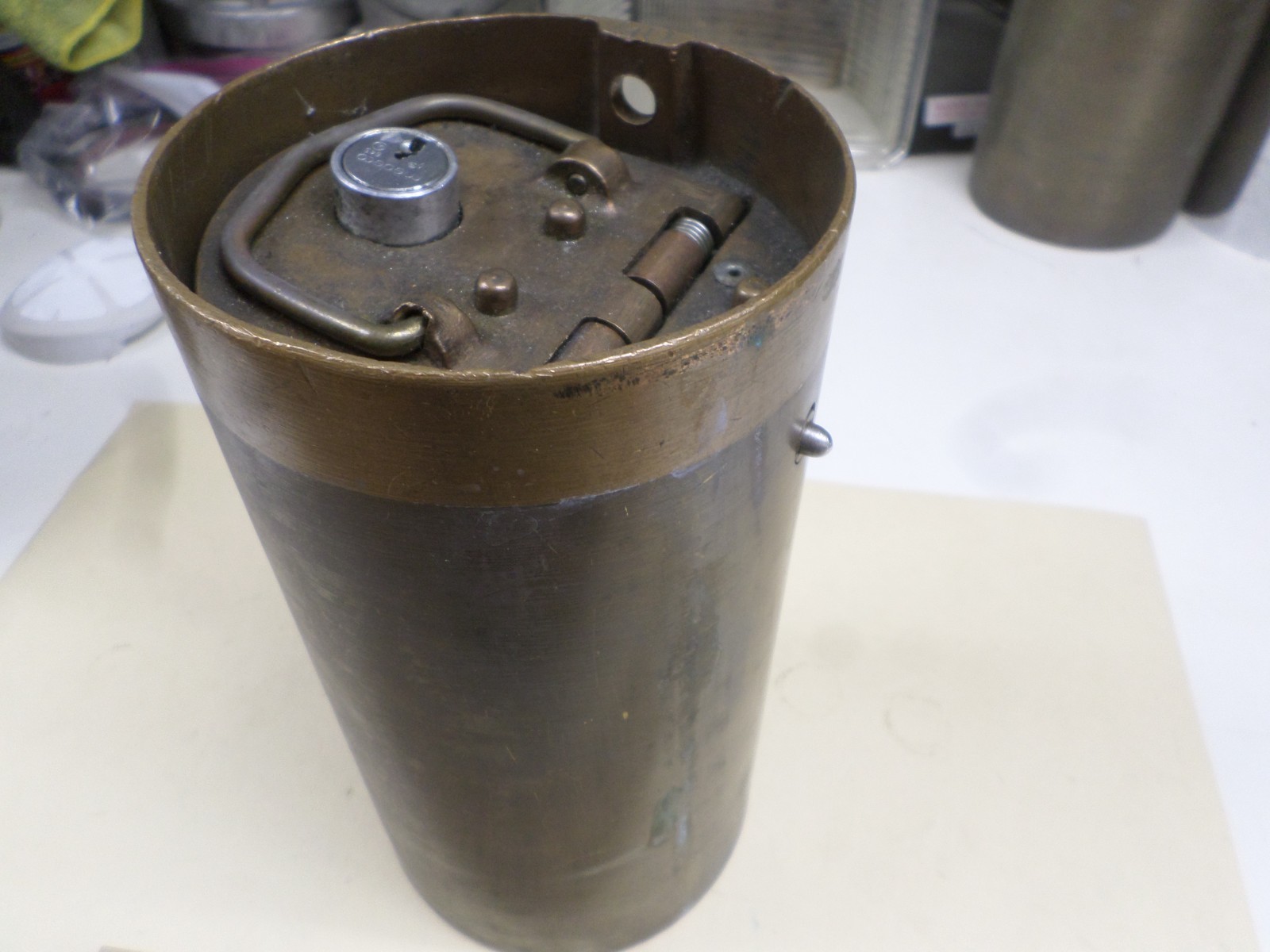 Vintage Diamond Mfg Brass Fare Box Money Vault Cylindrical 9″ X 4-3/4″ #05 DART