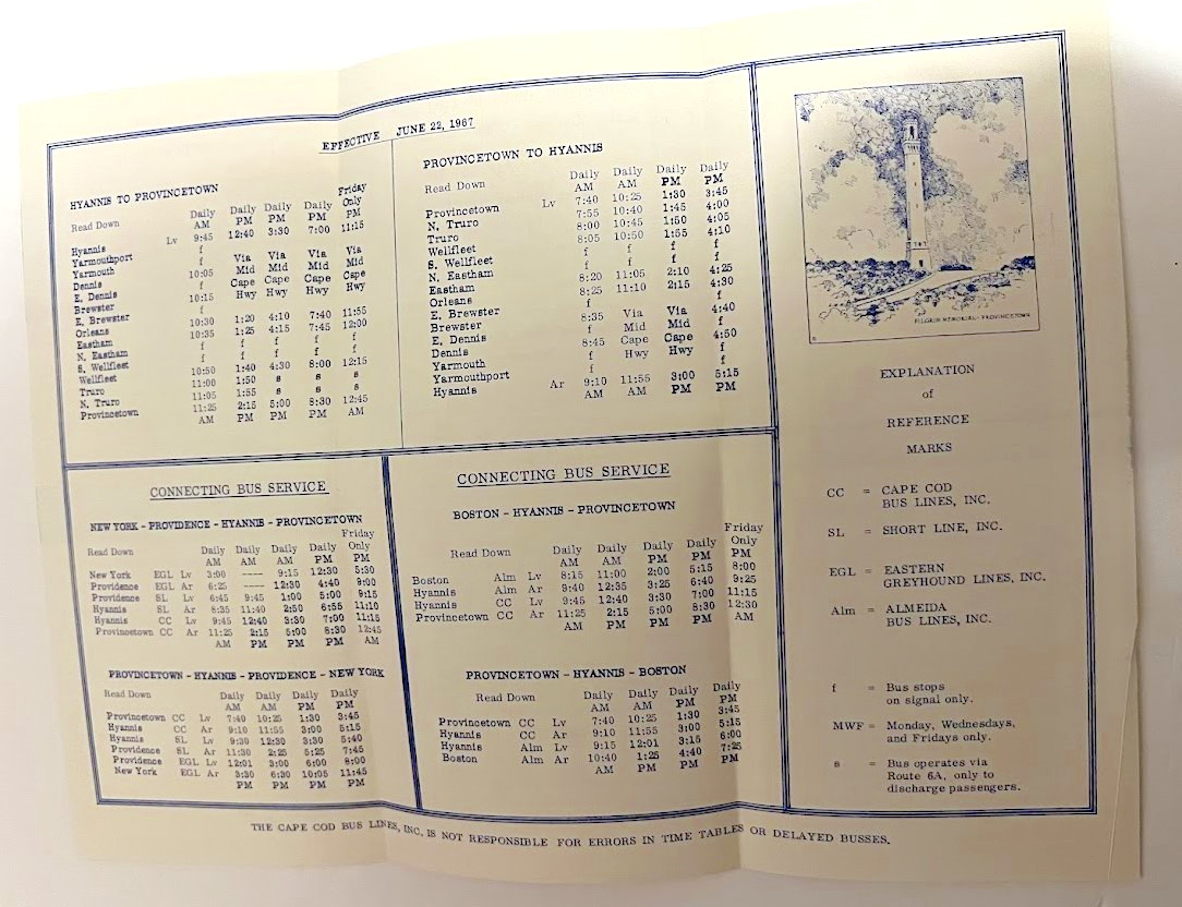 1967 CAPE COD, MA BUS SCHEDULE TIMETABLE HYANNIS FALMOUTH PROVINCETOWN