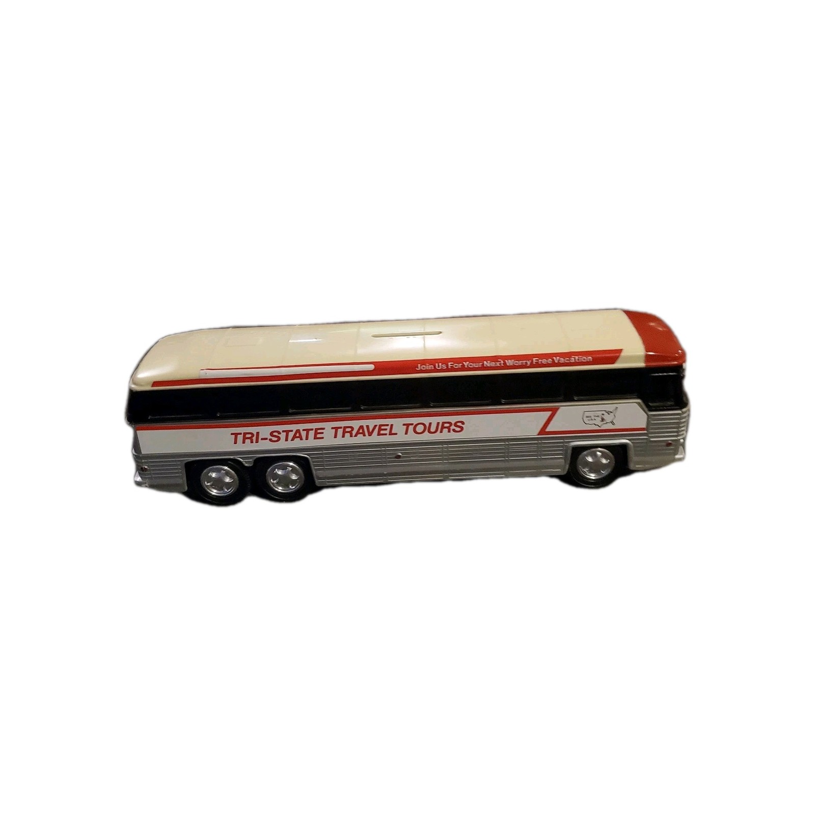 70s Jimson Tri State Travel Tours Americruiser Plastic Coin Bank Toy Bus No. 340