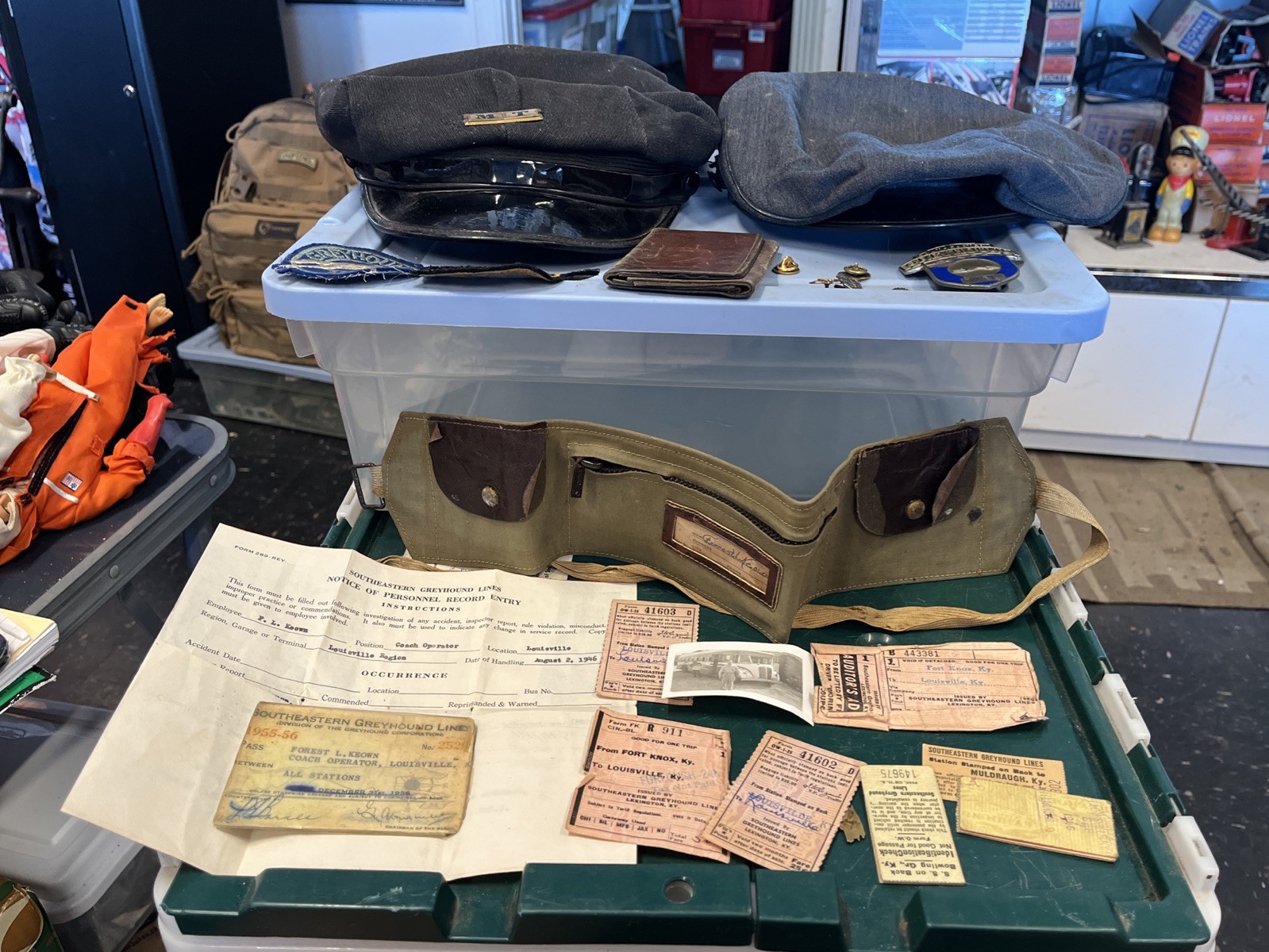 Greyhound Bus Driver Set Of 2 Hats W/ Belt, Badge & Misc Papers ( B 4 )