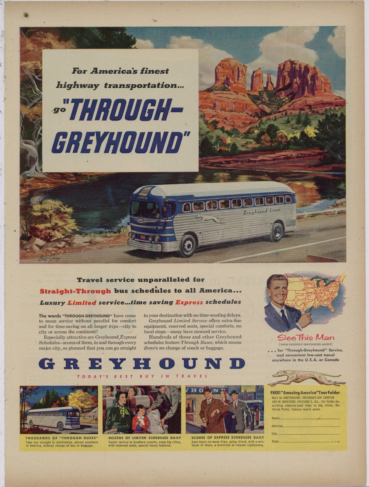 1953 Greyhound Bus Lines Ad: Luxury Limited Service – Through Greyhound