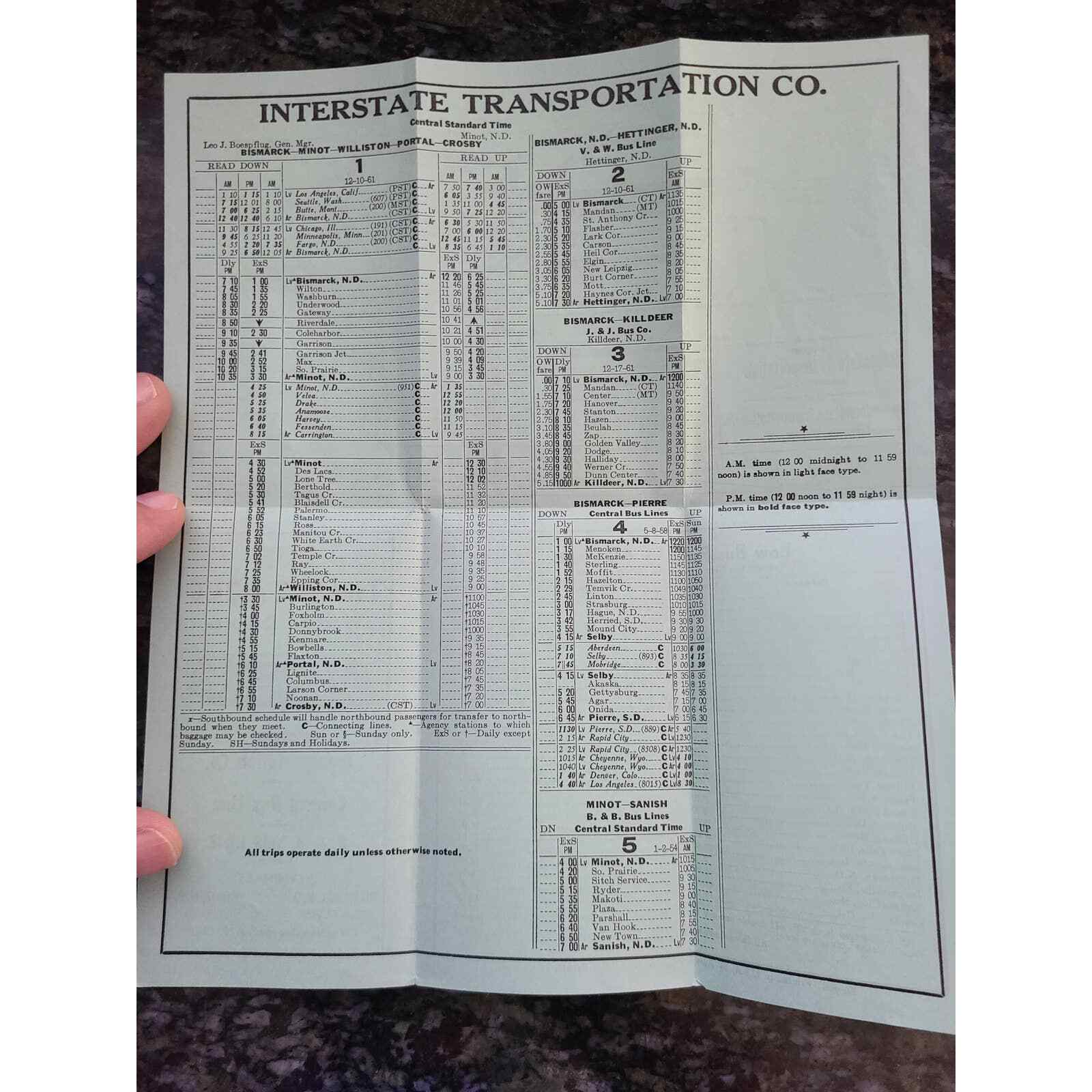 Interstate Transportation Co Bus Time Table for Western Dakotas 1961 (A0) (7C)