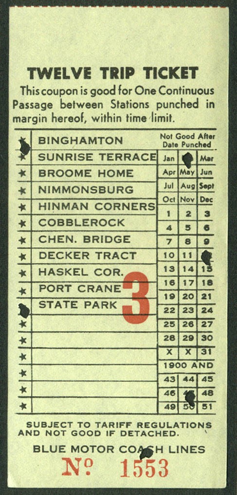 Blue Motor Coach Lines Binghamton NY 12-trip tcket undated