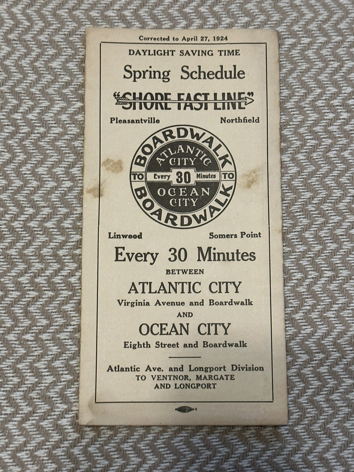 April 27, 1924 Spring Schedule Atlantic City/Ocean City Boardwalk-SHORE FASTLINE