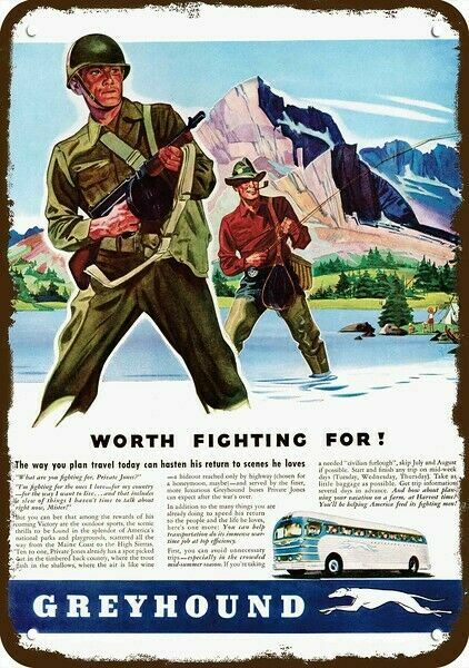 1943 GREYHOUND BUS & SOLDIER MACHINE GUN FLY FISH VintageLook DECORATIVE METAL S
