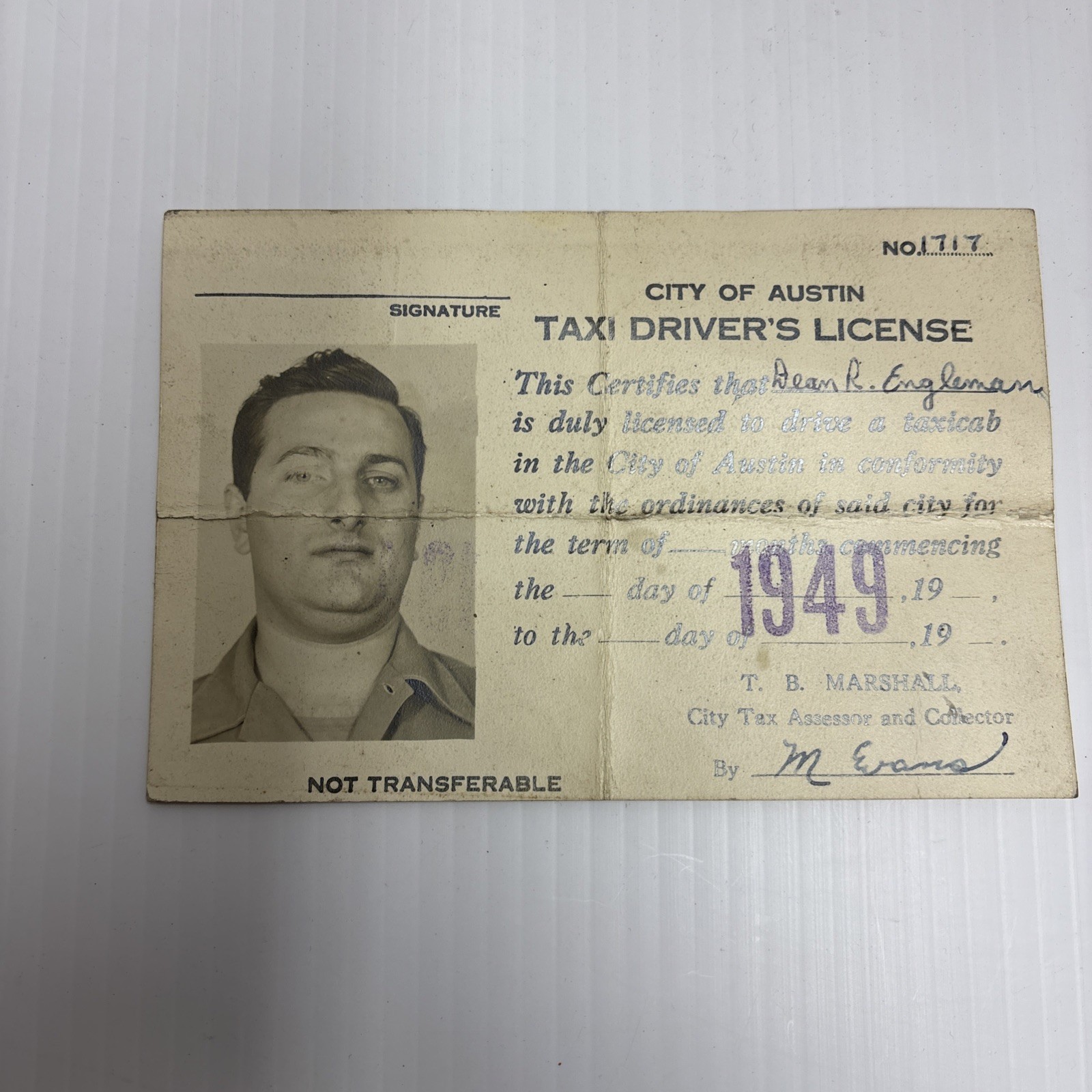 VTG 1949 City Of Austin TAXI DRIVER PHOTO ID PERMIT DRIVERS LICENSE CARD