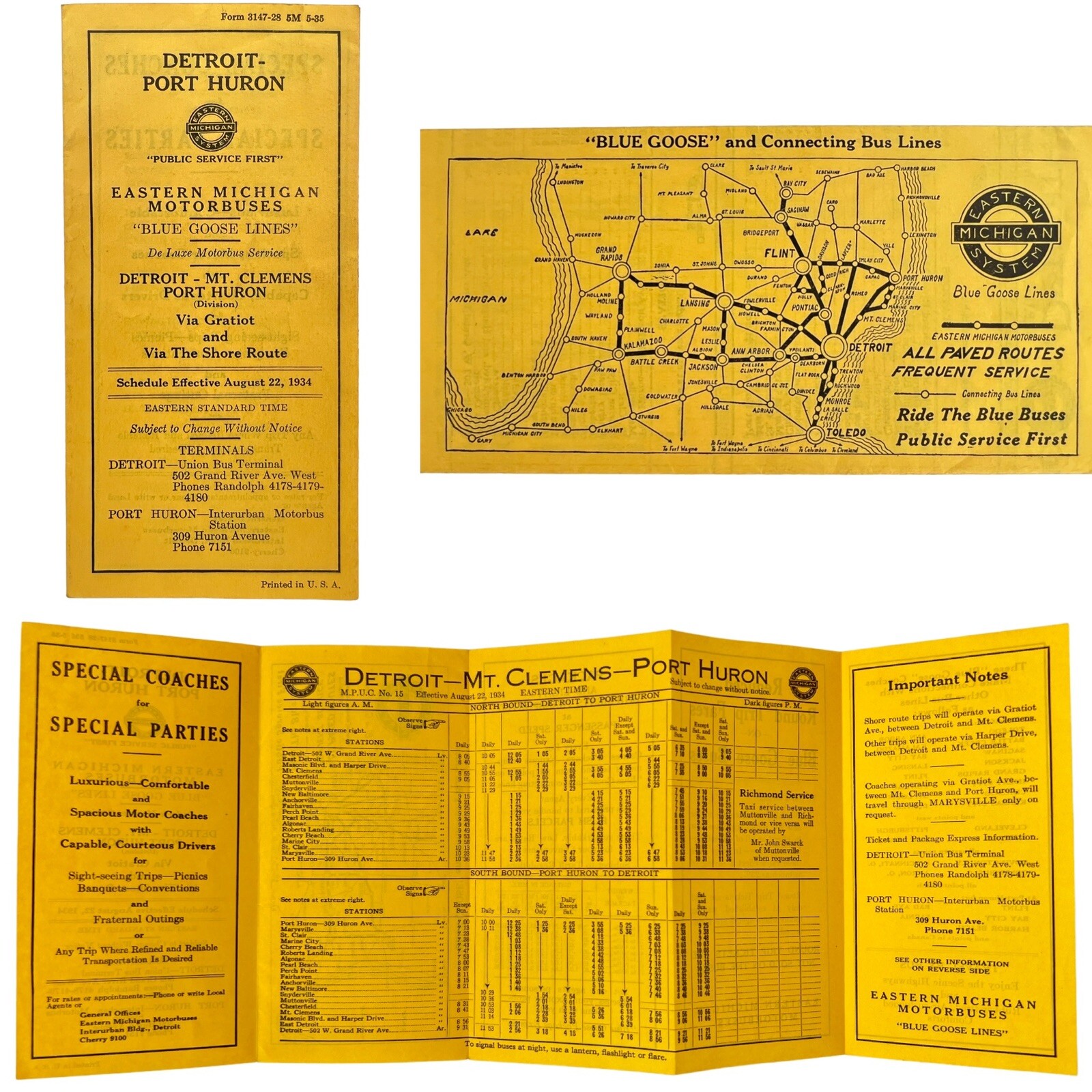 1934 Eastern Michigan System BLUE GOOSE LINES Detroit MAP & TIME SCHEDULE