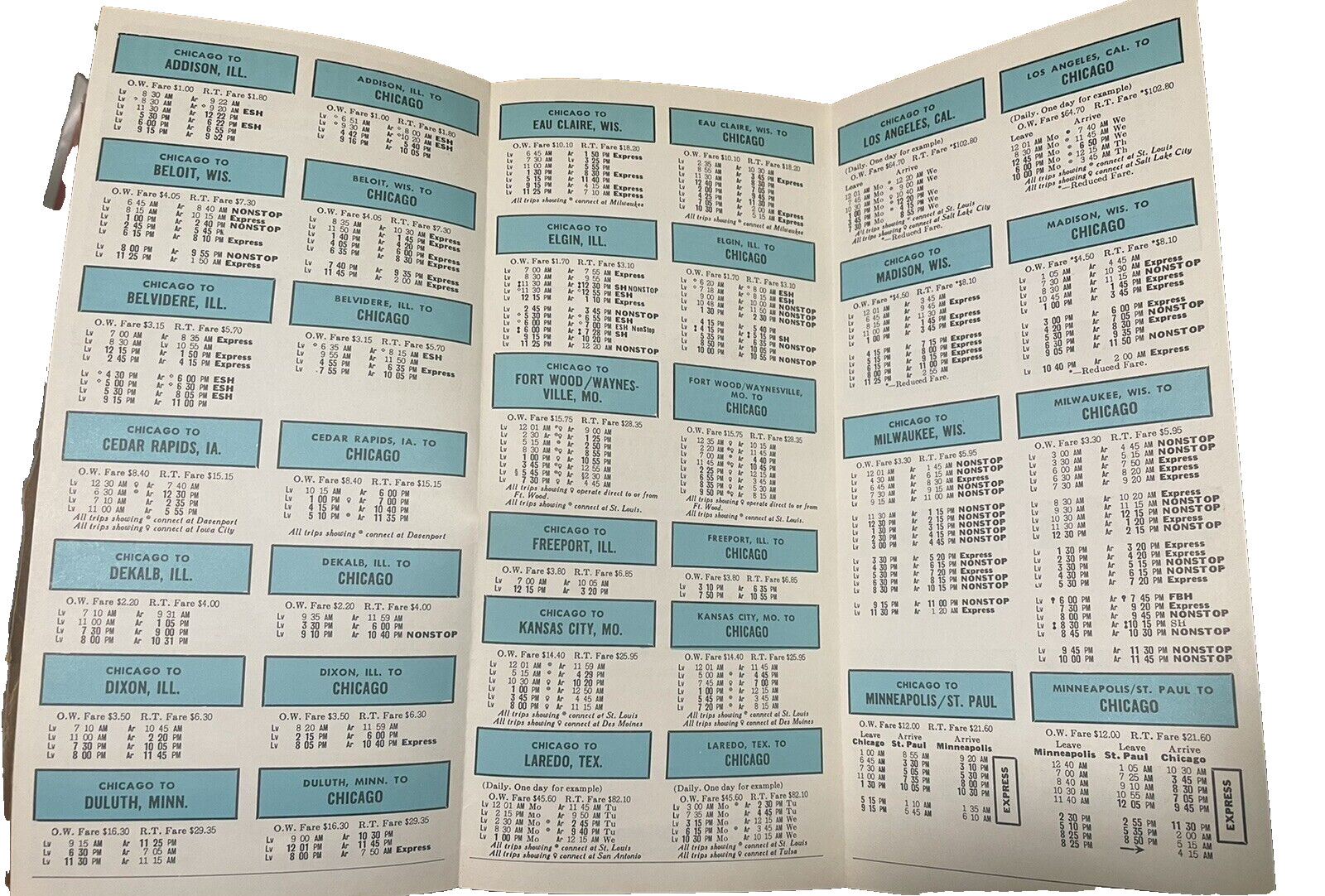 1969 Go Greyhound BUS Schedule Time Tables 2 & 64 Chicago Winnipeg Lot of 2