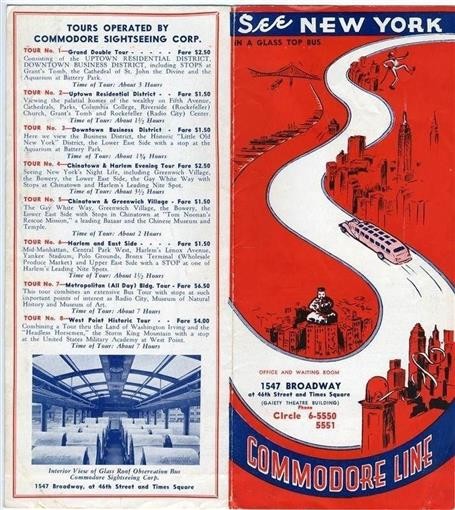 1930’s Commodore Bus Lines Brochure of See New York in a Glass Top Bus Tours