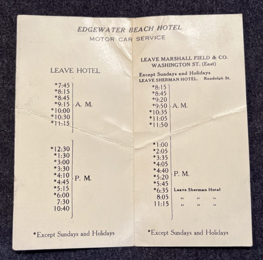 1920’s Vintage Motor Car Service Schedule for the Edgewater Beach Hotel Chicago