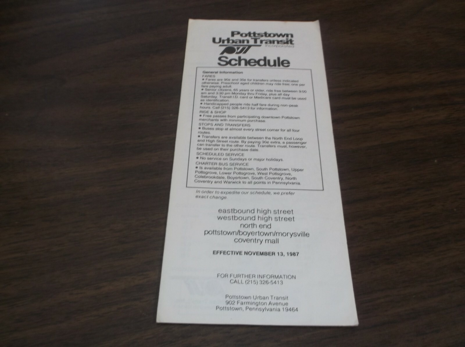 1987 POTTSTOWN PENNSYLVANIA PUT BUS SCHEDULES