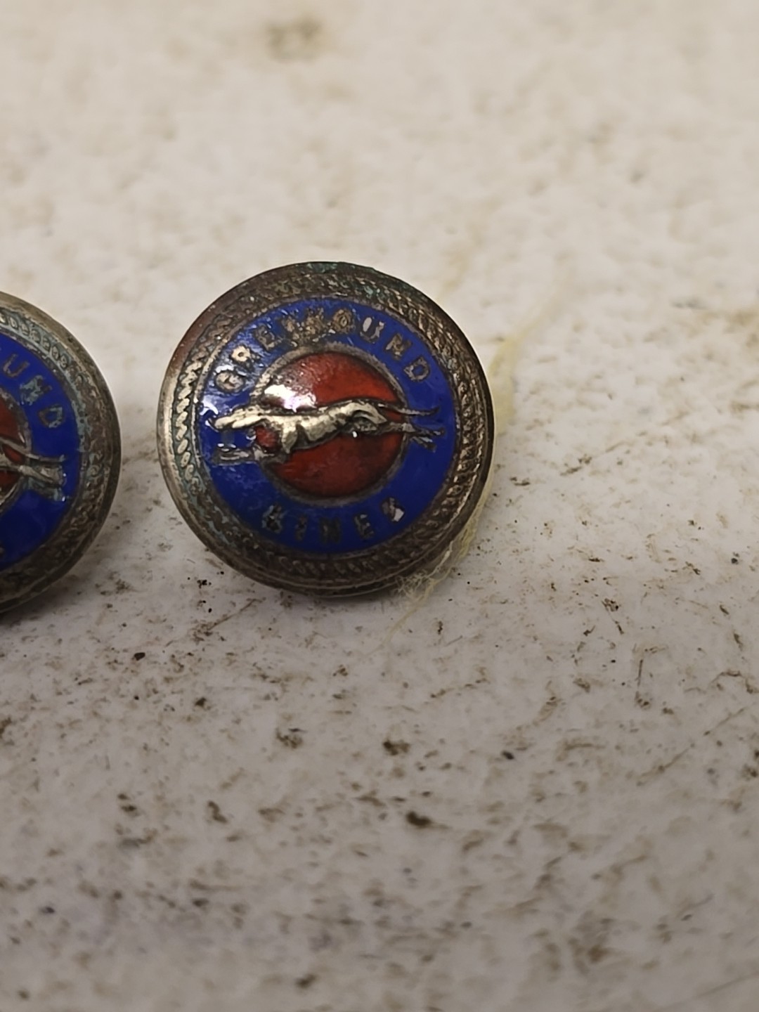 Pair Of Vintage Greyhound Bus Lines Enamel Hat Jacket Buttons