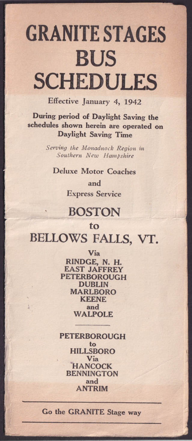 Granite Stages Bus Schedules 1/4 1942 Boston-Bellows Falls VT &c Peterborough NH